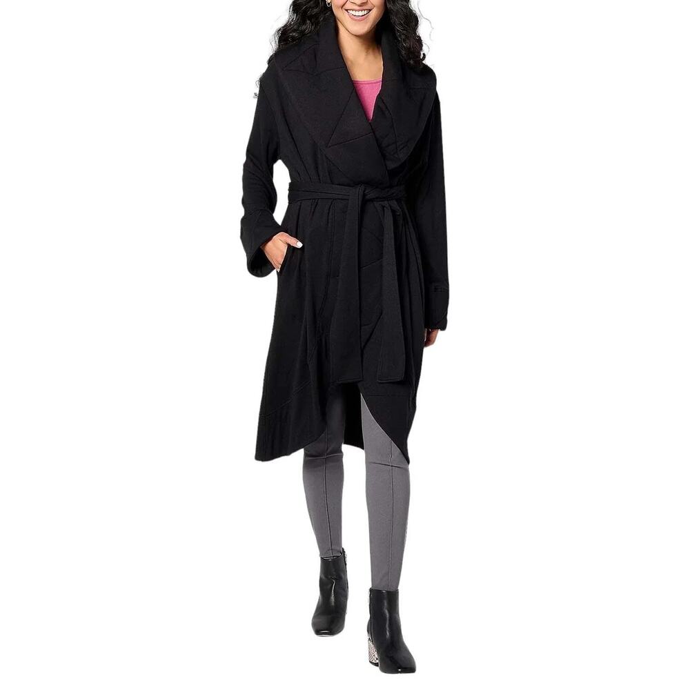 Attitudes‎ by Renee Womens Black French Terry Belted Wrap Cardigan Sweater M/L